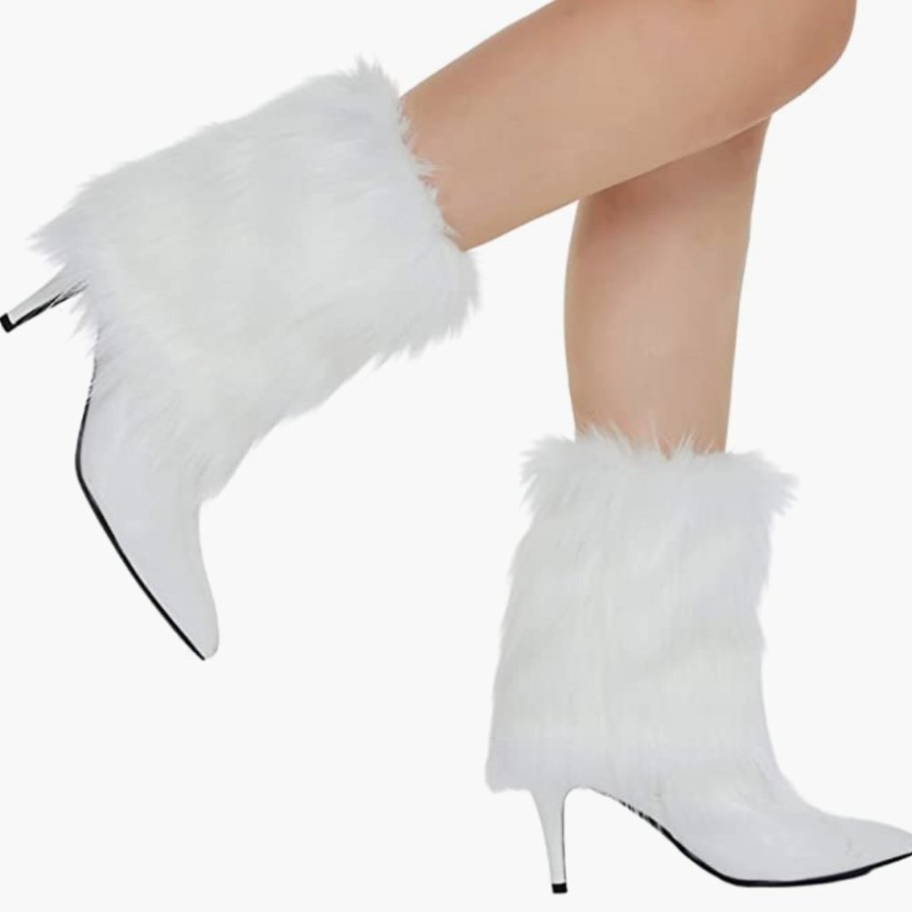 White Fuzzy Faux Fur Feather‎ Cuff Ankle Boot Covers Leg Warmer Socks